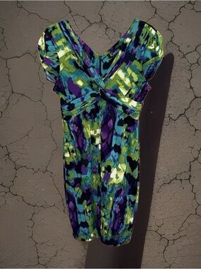 K Petite Collection Green Abstract Multi-Color Twist-Front Midi Dress-8P-EC